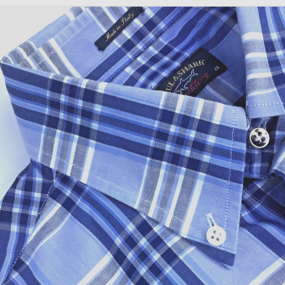 Paul & Shark Yachting blue  checkered cotton shirt Sz 40 made in Italy 🇮🇹